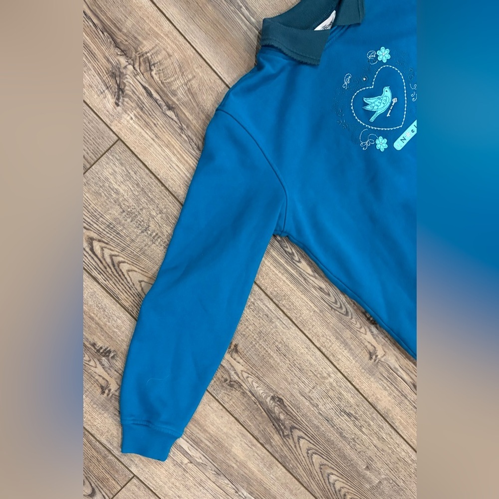 Northern Reflections Noel Bird Collared Sweatshirt Blue Sz S Holiday Vintage - Picture 5 of 9